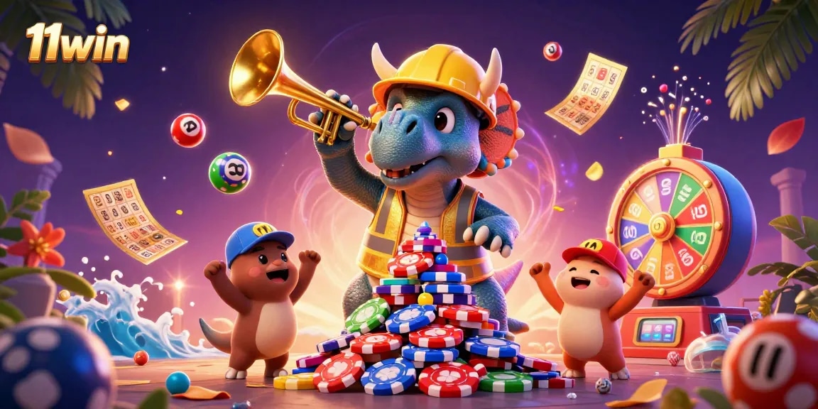 11win showcases a vibrant casino scene with triceratops building poker chips, celebrating with colorful lottery elements.
