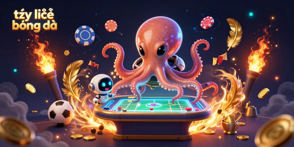 Engaging illustration showing a lively alien octopus engaging in sports betting with vibrant elements highlighting tỷ lệ bóng đá.