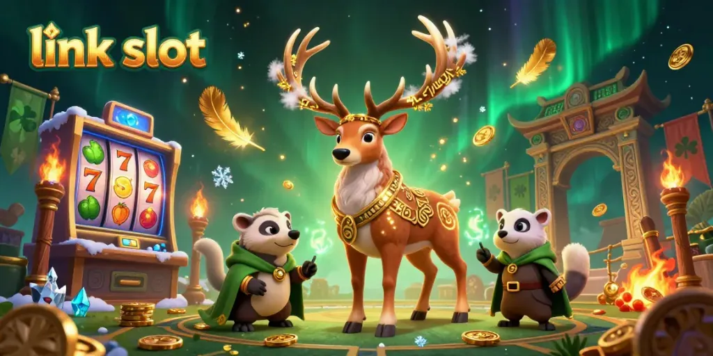 Experience the thrill of link slot gaming with vibrant characters and colorful slot machines.