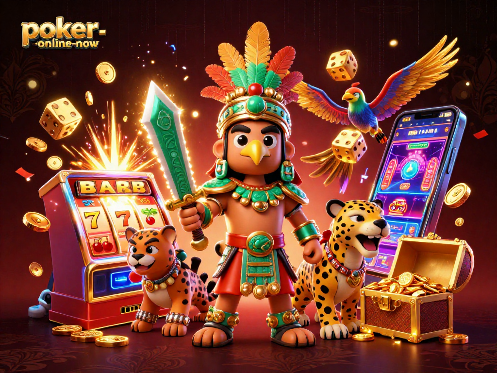 Experience the thrill of poker-online-now with vibrant, energetic casino elements and characters.
