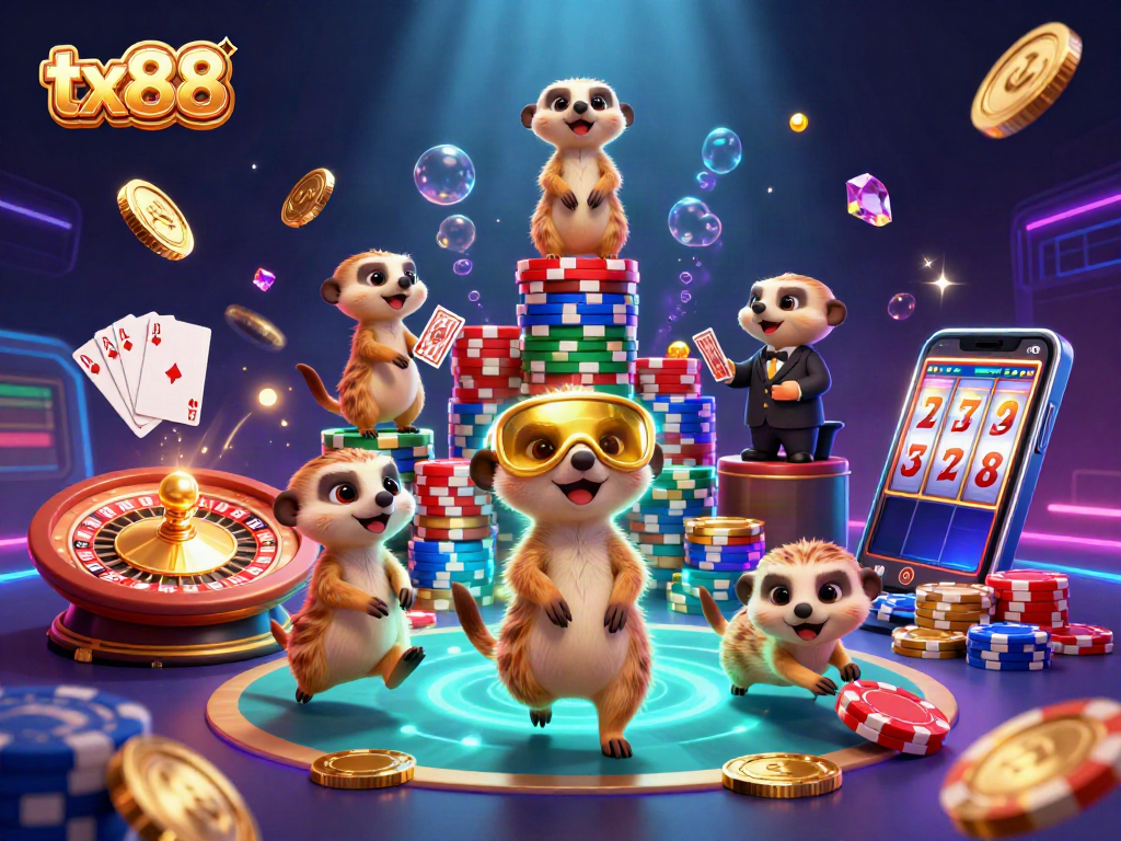tx88 meerkats operating a lively casino with vibrant game elements and glowing effects.