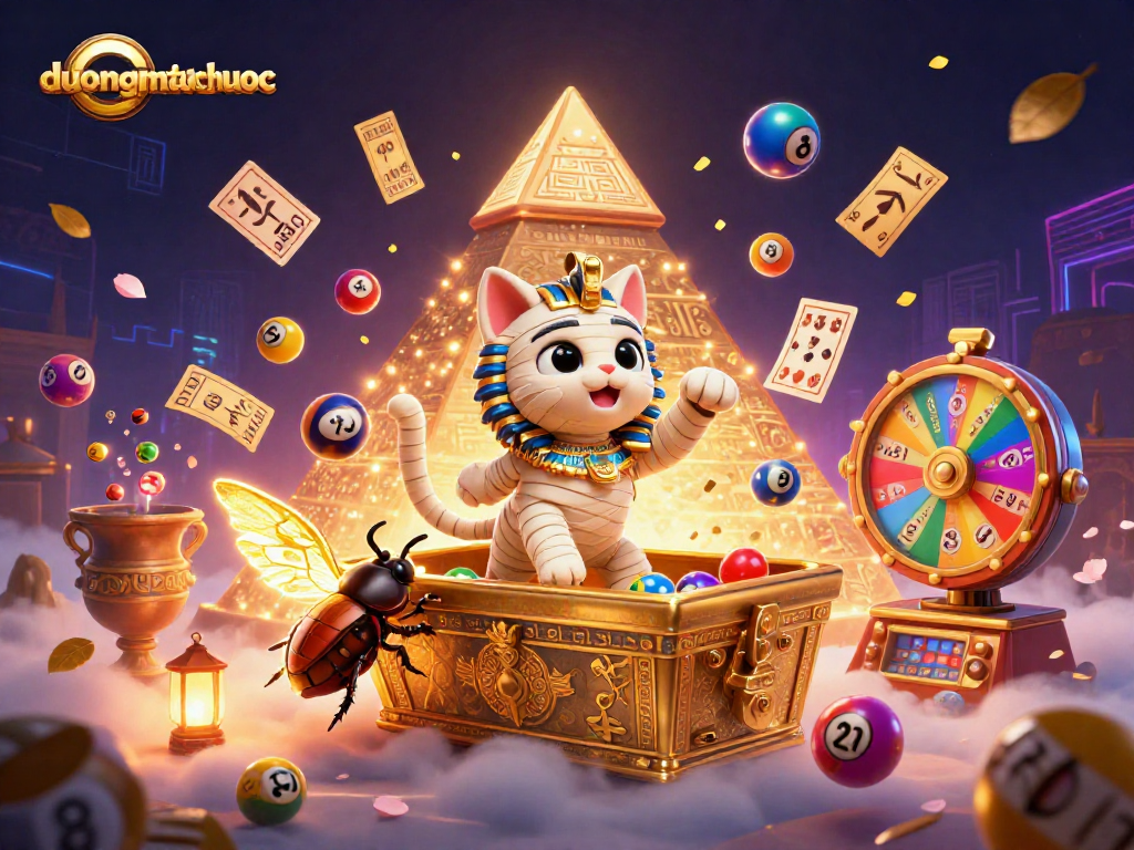 Win big with duongmatchuoc as the Egyptian mummy cat bursts from a sarcophagus in a vibrant casino setting.