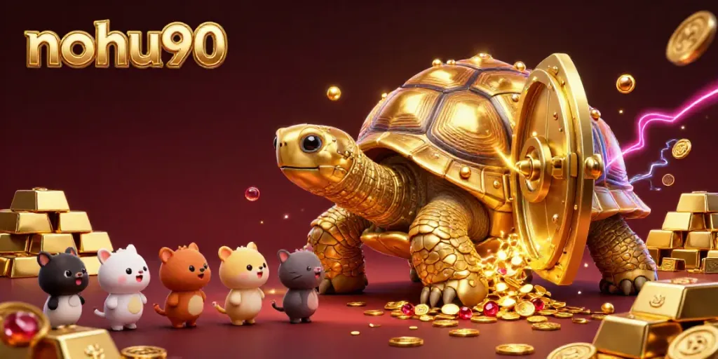 Exciting gaming scene with nohu90 featuring a golden tortoise pinball machine amidst wealth and treasures.