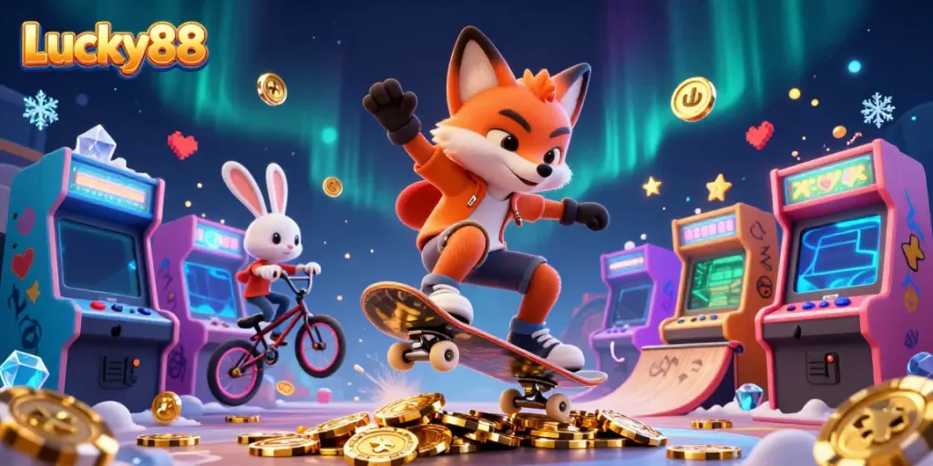 Engaging Lucky88 online casino scene with a skateboarder fox and BMX rabbit amidst casino-themed elements.