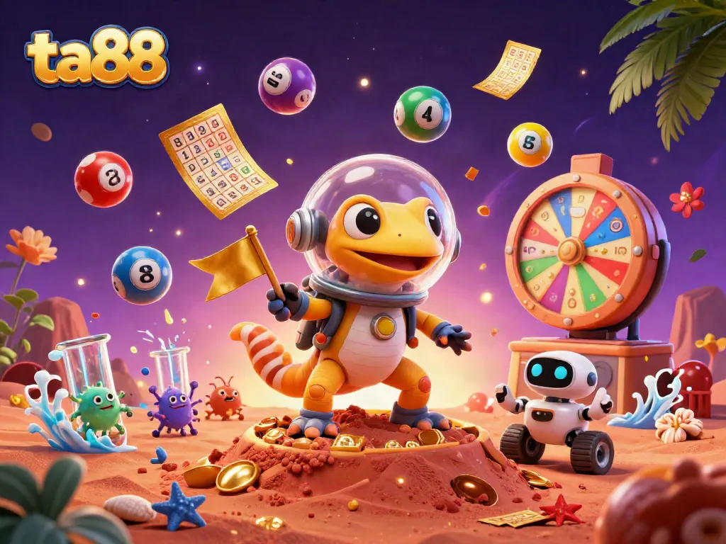 Engage with ta88's vibrant casino adventure featuring a Martian gecko discovering treasures.