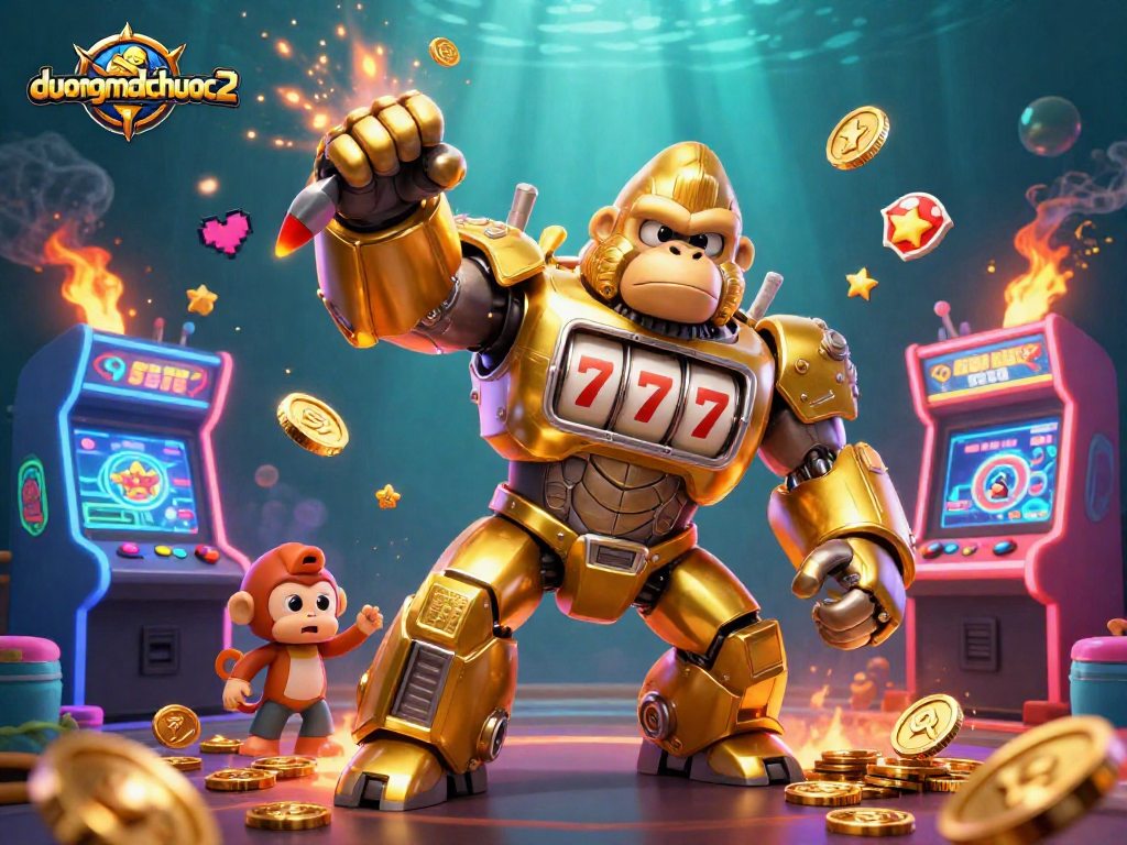 Experience thrilling gameplay in duongmatchuoc2 with golden gorilla mech and dynamic gaming elements.