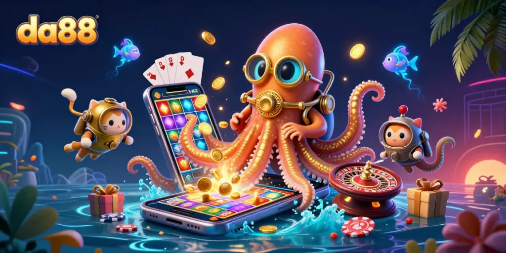 Win big with da88's exciting casino games featuring colorful slot reels and captivating characters.