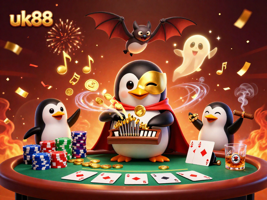 Experience the thrill at UK88 as a phantom penguin plays, shooting coins and golden notes in a lively casino scene.