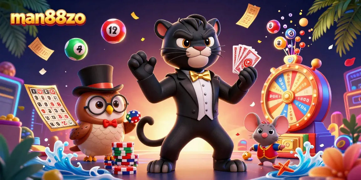 Experience winning thrills at man88zo with a vibrant illustration of a stylish panther casino dealer surrounded by colorful gaming elements.