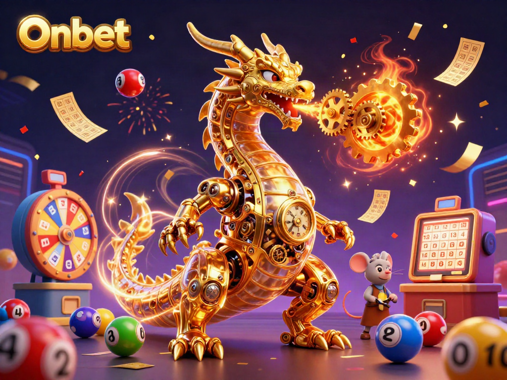 Engage with Onbet as a golden dragon breathes gears in a vibrant casino scene.