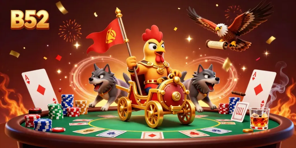 Experience thrilling gameplay at B52 with an animated rooster warlord commanding a poker scene.
