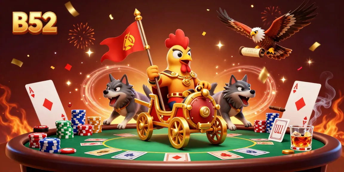 Experience thrilling gameplay at B52 with an animated rooster warlord commanding a poker scene.