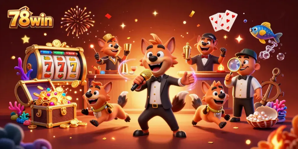 Experience the vibrant 78win casino atmosphere with animated hyenas engaging in thrilling gaming.