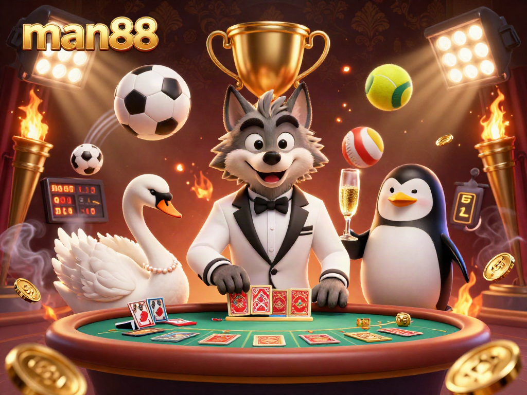 Engage in thrilling sports betting with man88 as the debonair wolf deals cards at a baccarat table.