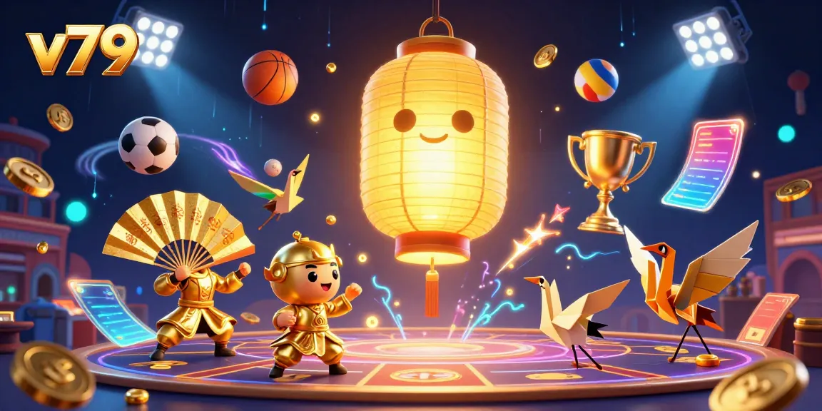 V79 showcases high-stakes online gaming with a golden lantern spirit and dynamic sports elements.