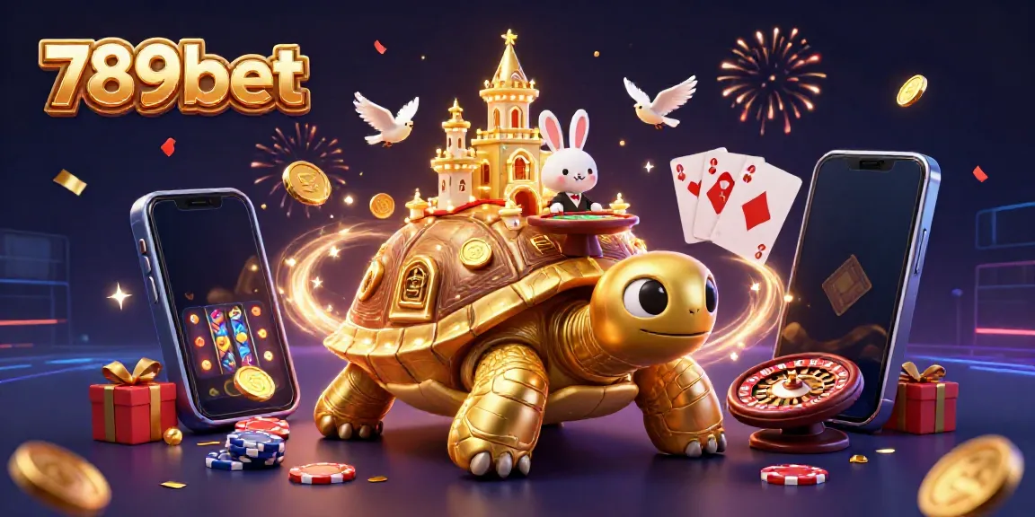 Win big at 789bet with a vibrant 3D scene of gaming excitement, featuring a golden tortoise and dealer.