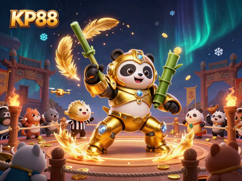 KP88 showcases an action-packed gaming arena with a mech-suit panda battling in a vibrant casino