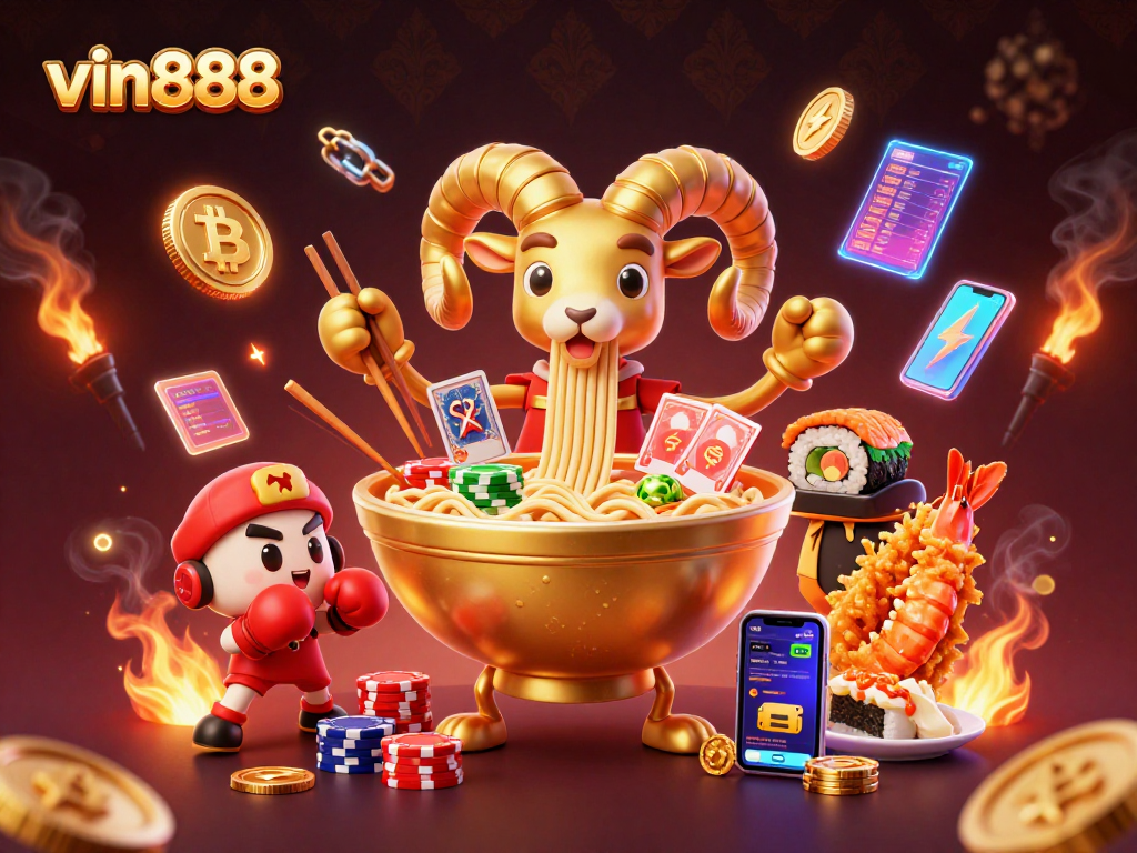 Experience thrilling gameplay with vin888 as a golden ramen bowl deals cards amidst crypto coins.