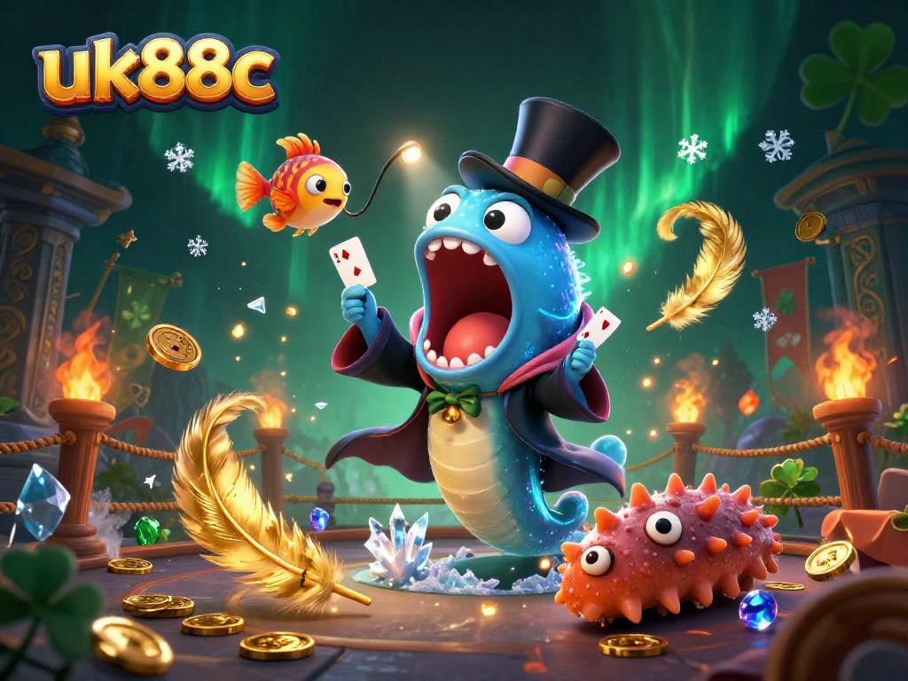 Experience thrilling card tricks with uk88c featuring a magician eel and anglerfish in a dynamic casino scene.