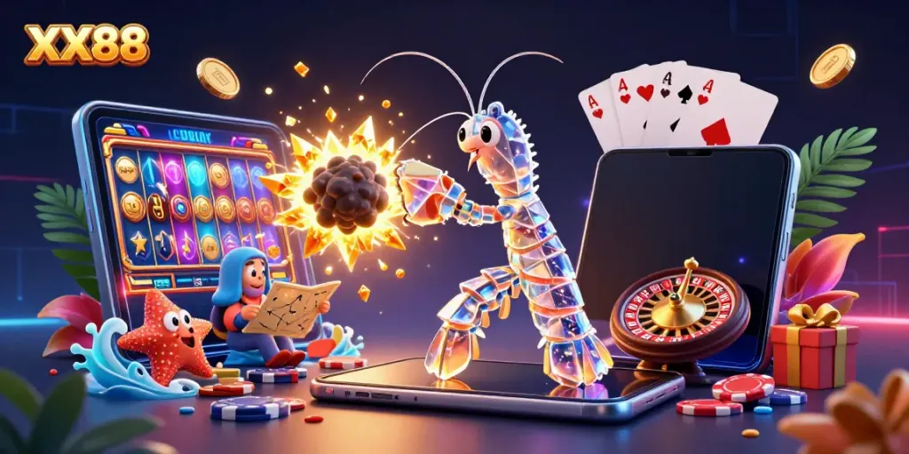Experience the excitement of XX88 with a vibrant 3D illustration of a galactic samurai and casino games.