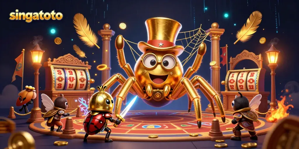 Engage with singatoto's thrilling casino adventure featuring a golden tarantula and beetle knight.