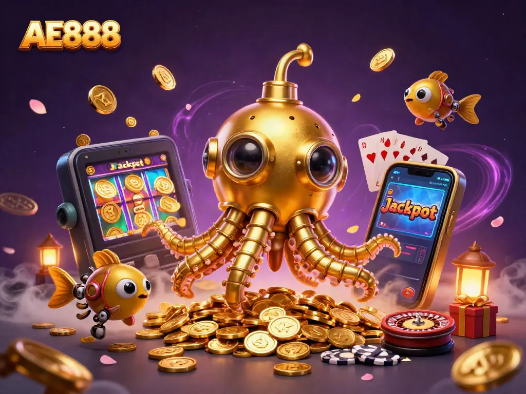 Engage in thrilling gameplay with AE888, featuring a golden kraken submarine and vibrant slot games.
