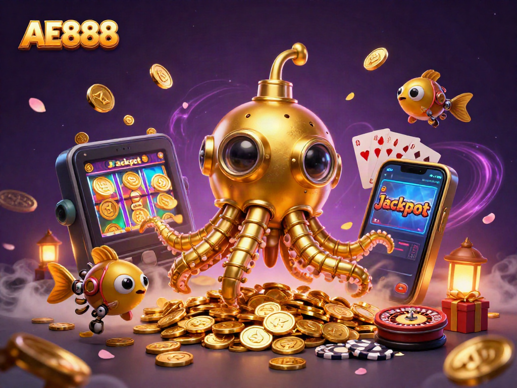 Engage in thrilling gameplay with AE888, featuring a golden kraken submarine and vibrant slot games.