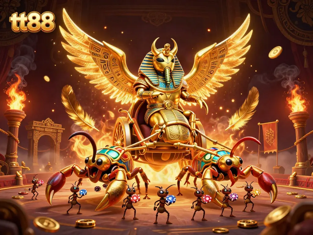 Experience thrilling gameplay with tt88's colossal golden scarab beetle in a dynamic gambling arena scene.