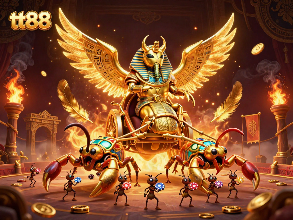 Experience thrilling gameplay with tt88's colossal golden scarab beetle in a dynamic gambling arena scene.