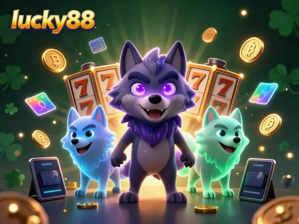 Experience luck with lucky88 in this vibrant gambling scene featuring wolves, slot machines, and crypto coins.