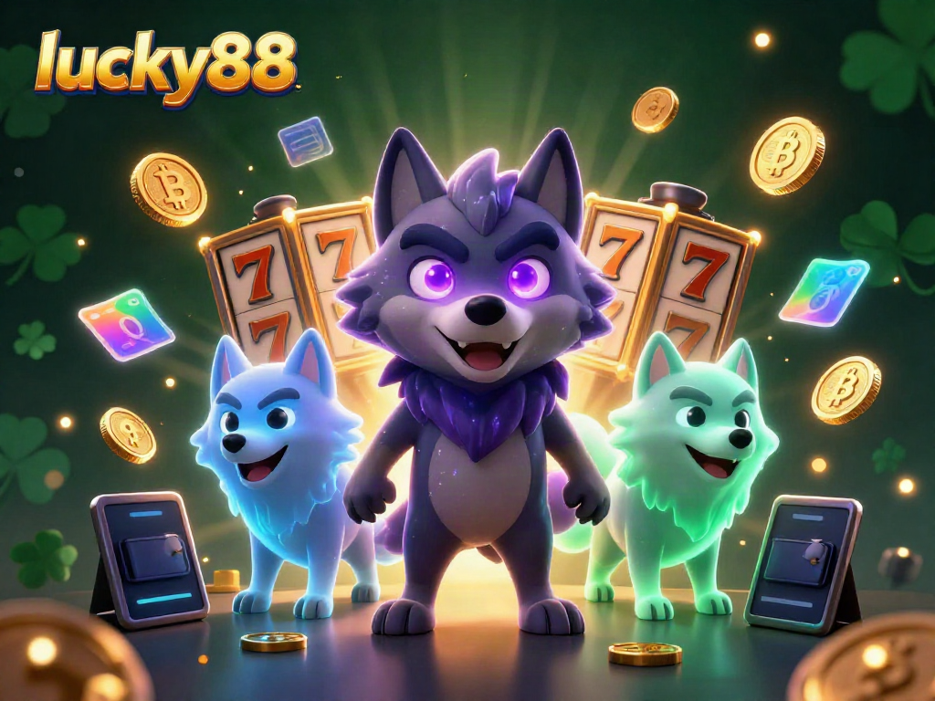 Experience luck with lucky88 in this vibrant gambling scene featuring wolves, slot machines, and crypto coins.