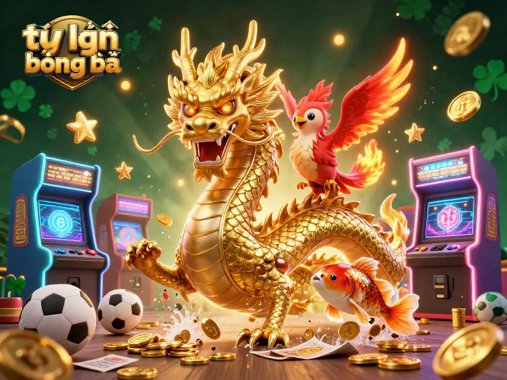 Engage in thrilling tỷ lệ bóng đá betting with a dynamic scene featuring a dragon and phoenix.