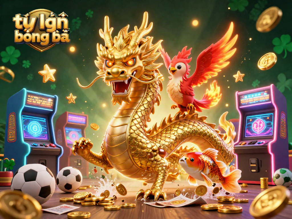 Engage in thrilling tỷ lệ bóng đá betting with a dynamic scene featuring a dragon and phoenix.