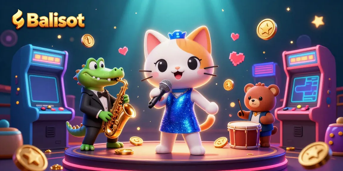 Experience the vibrant world of Balislot with cartoon characters celebrating in a lively casino atmosphere.