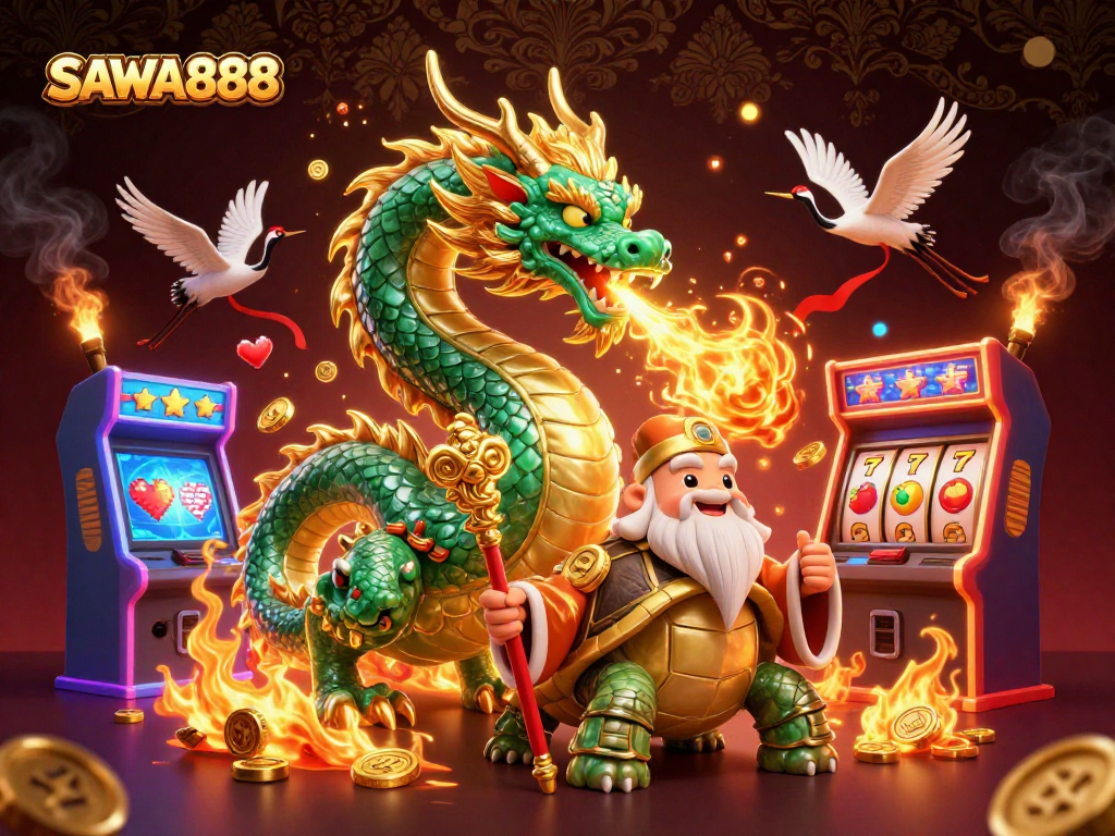 Engage with SAWA888's dynamic gaming universe featuring a dragon and lucky symbols.