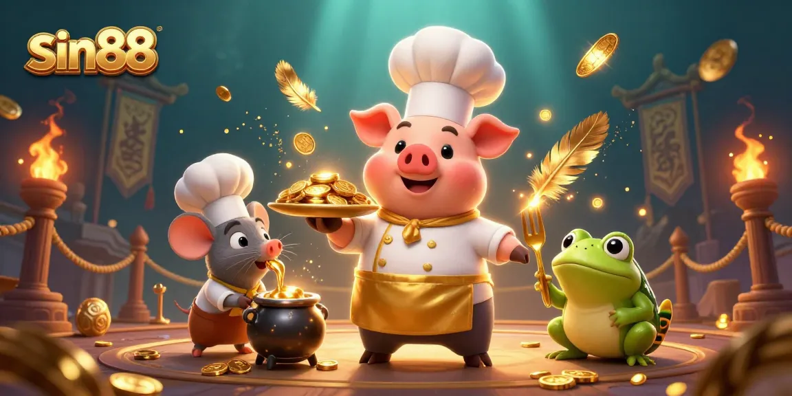 Engaging sin88 gaming scene where a chef pig serves gold coins amid a vibrant casino atmosphere.