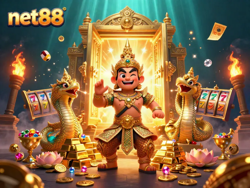 Experience thrilling wins with net88's vibrant casino world, featuring Naga guardians and golden treasures.