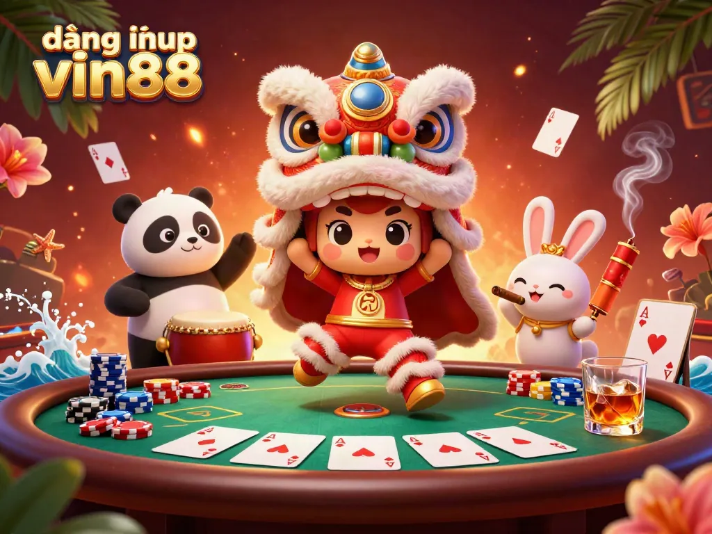 Experience the festive atmosphere of gaming with "đăng nhập vin88" and a dynamic casino scene featuring colorful poker elements.