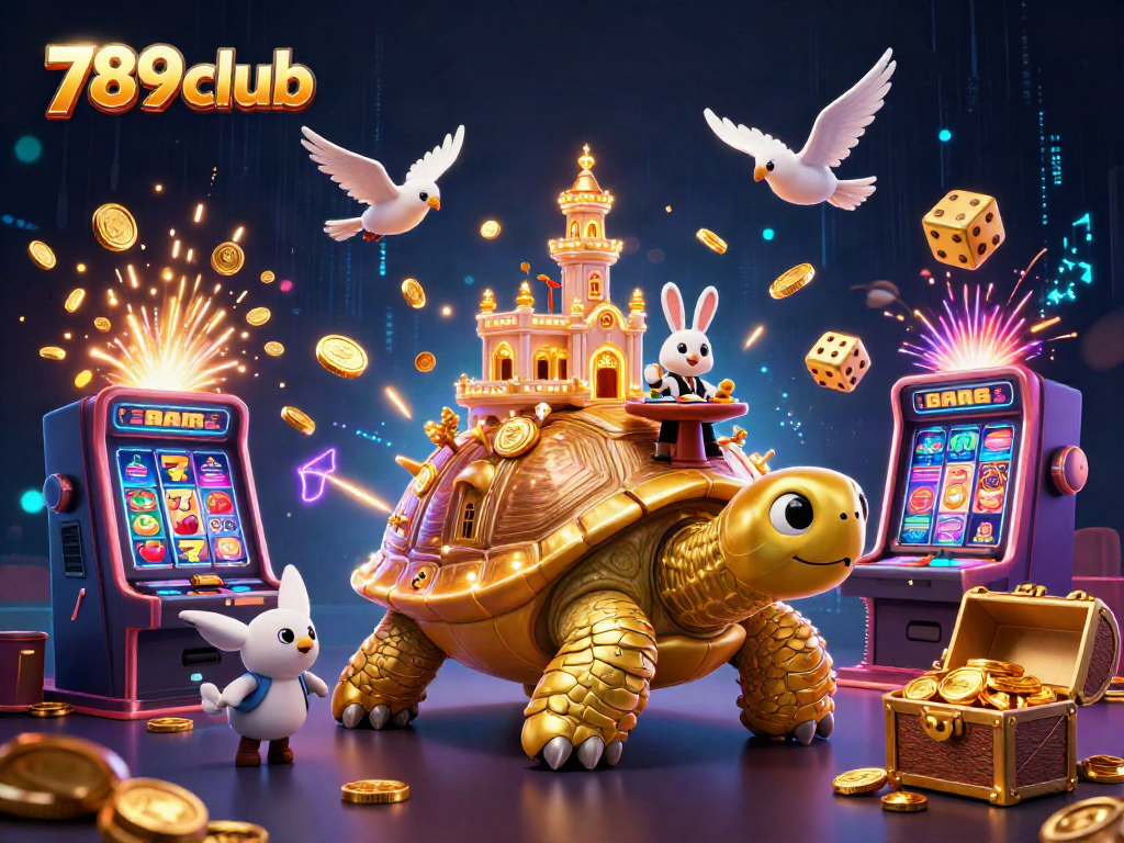 Experience thrilling gameplay at 789club with a vibrant 3D illustration showcasing a golden tortoise casino, jackpot excitement, and dynamic dealers.