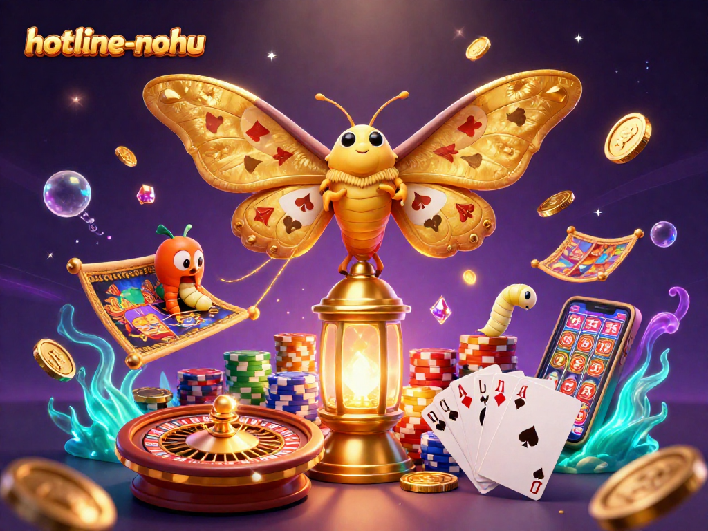 Experience excitement with hotline-nohu as the 3D atlas moth spreads its colorful wings amidst golden coins and casino elements.