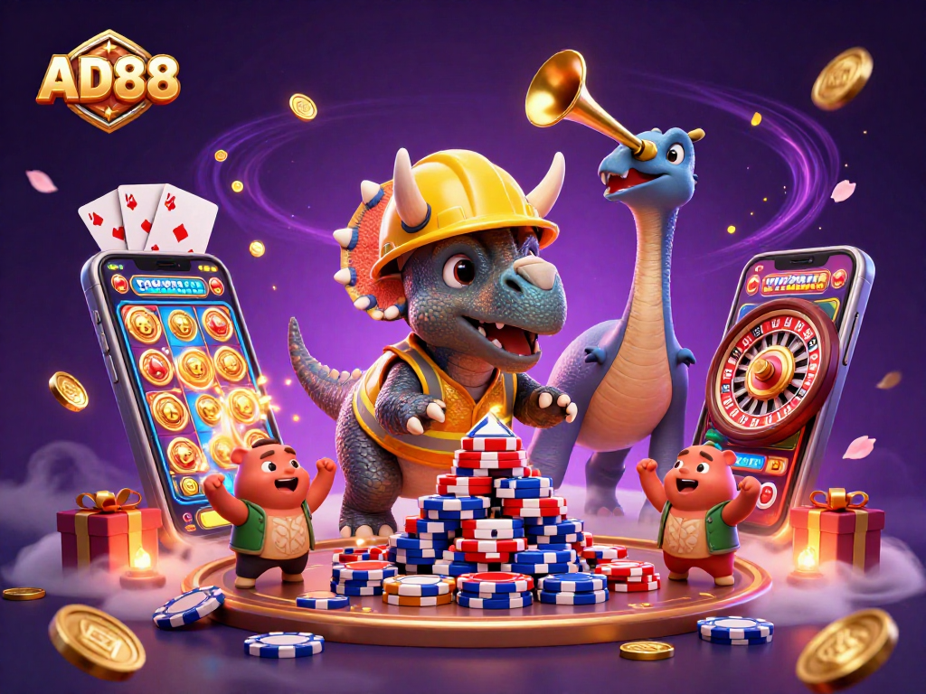 Join AD88 for thrilling gambling adventures and slot game excitement amidst a vibrant 3D casino celebration.