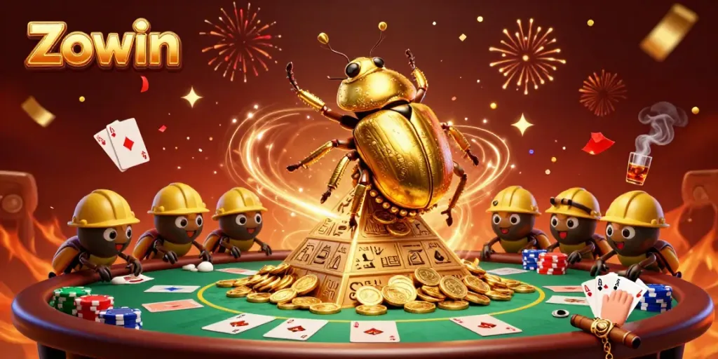 Zowin offers thrilling casino experiences with golden beetles and vibrant poker elements in action.