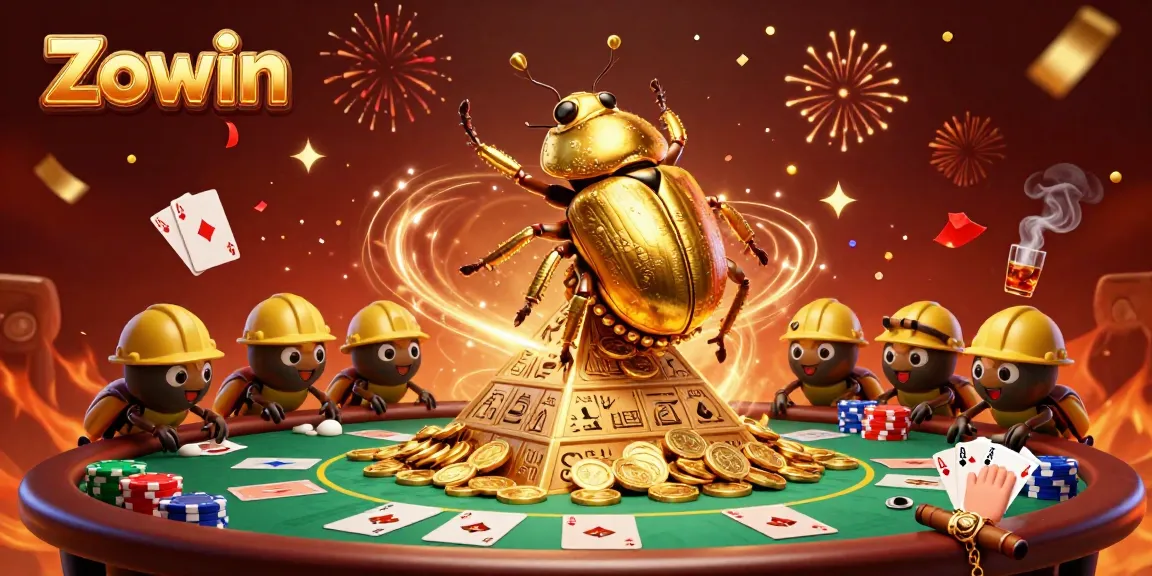 Zowin offers thrilling casino experiences with golden beetles and vibrant poker elements in action.