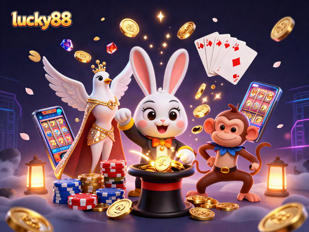 Experience the thrill of lucky88 with a magical scene of a rabbit, dove, and monkey enjoying a vibrant casino.