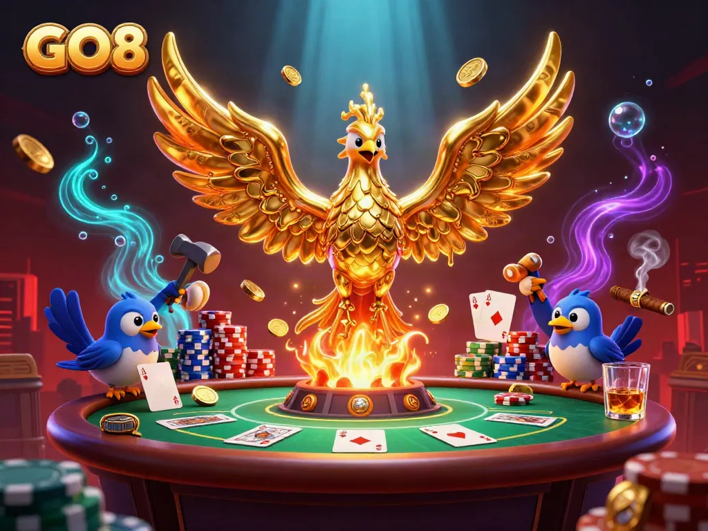 Experience GO8 as a golden phoenix rises, surrounded by vibrant poker elements in a captivating casino scene.