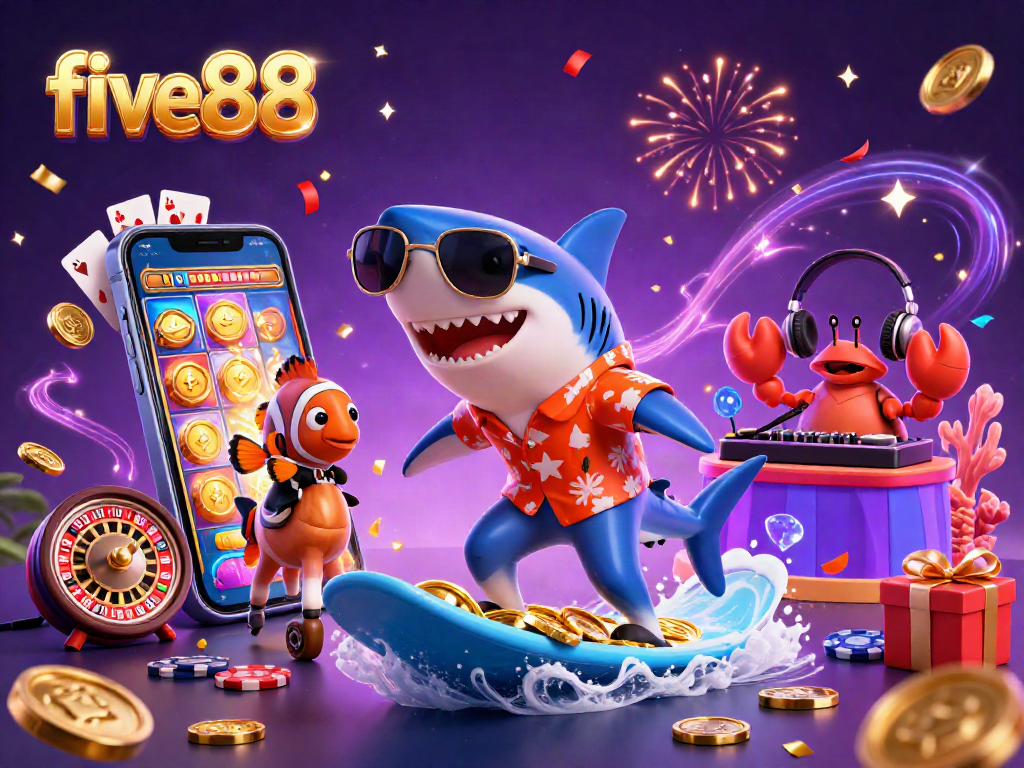 Experience the excitement of five88 casino with a colorful scene filled with gold coins and games.