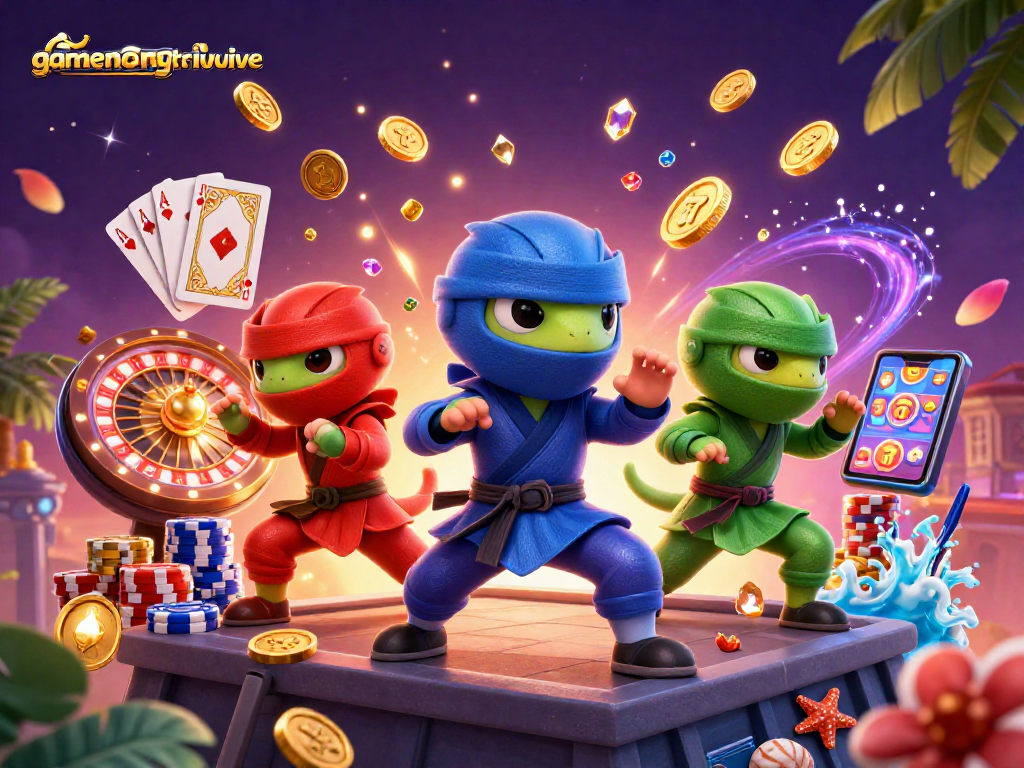 Experience vibrant action with gamenongtraivuive as ninja chameleons celebrate in a casino scene.