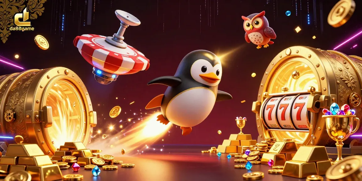 Join the da88game adventure with thrilling casino fun as the golden penguin blasts through space!