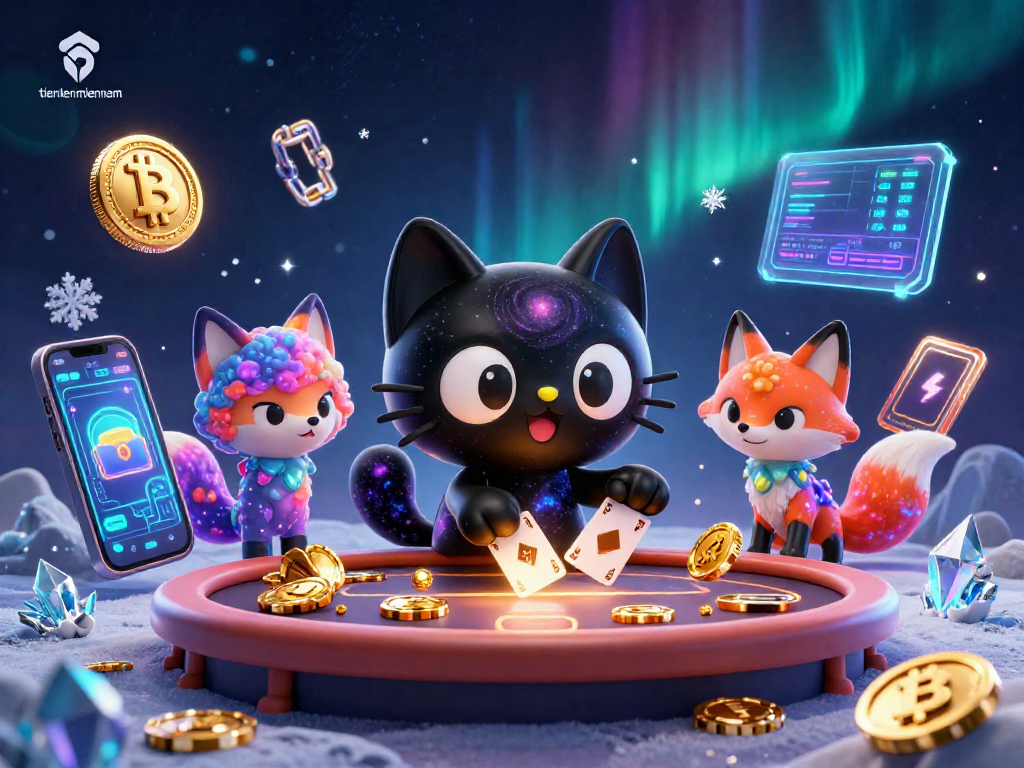 Engage in thrilling gameplay with tienlenmiennam as a cosmic casino scene comes alive with vibrant characters and digital elements.