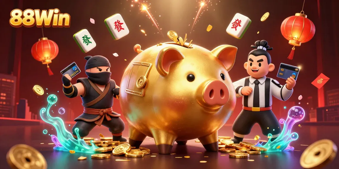 Experience the thrill of 88Win with an illustrated battle scene of a golden piggy bank sumo wrestler amid coins and lucky symbols.